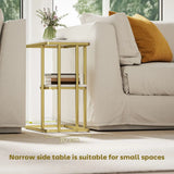 HOMCOM C-Shaped Narrow Side Table with 2-Tier Storage – Slim Sofa Table or Nightstand, White Marble Effect