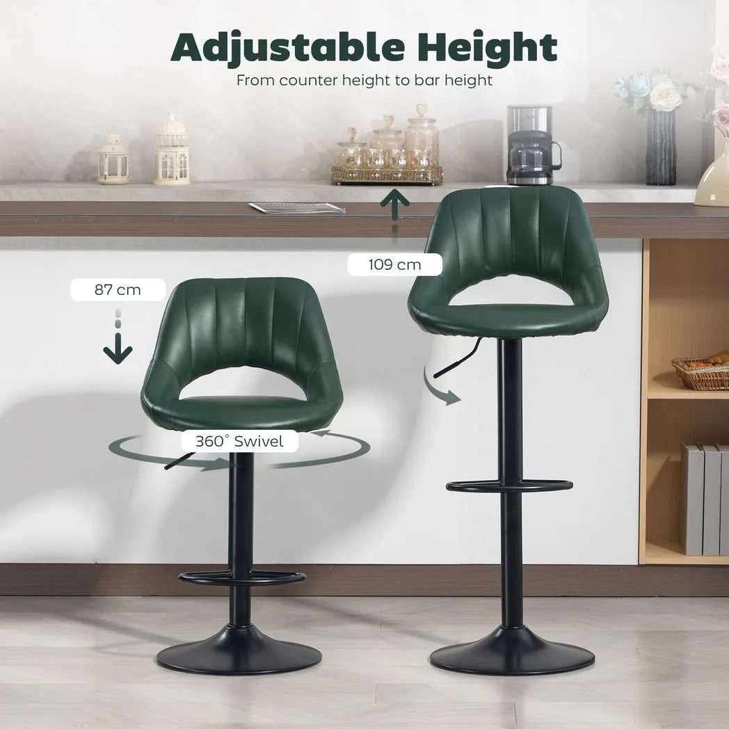 HOMCOM Set of 2 Faux Leather Bar Stools with 360° Swivel & Adjustable Height – Kitchen Stools, Dark Green