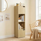 HOMCOM Narrow 4-Tier Bookcase with Open Shelves and Cabinet Doors – Slim Storage Unit, Oak