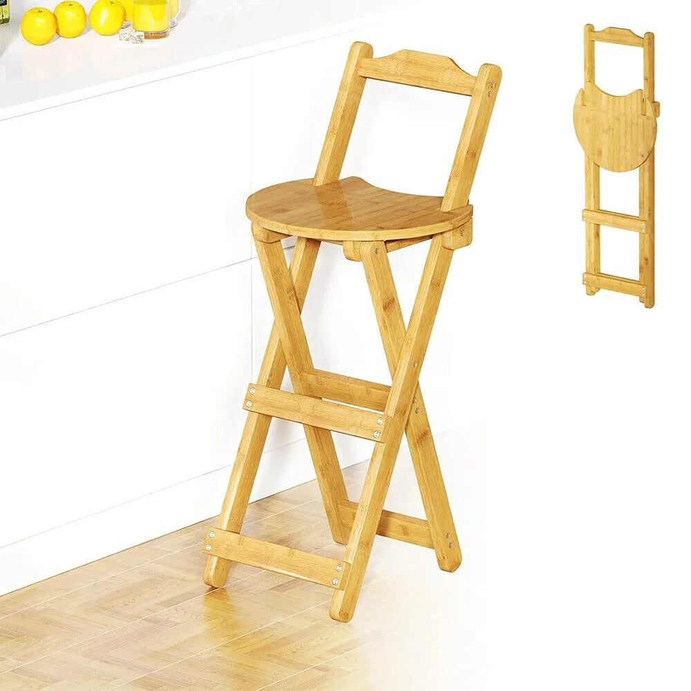 Foldable Bamboo Bar Stool with Backrest – Counter Height Kitchen Stool, Space-Saving Folding Design