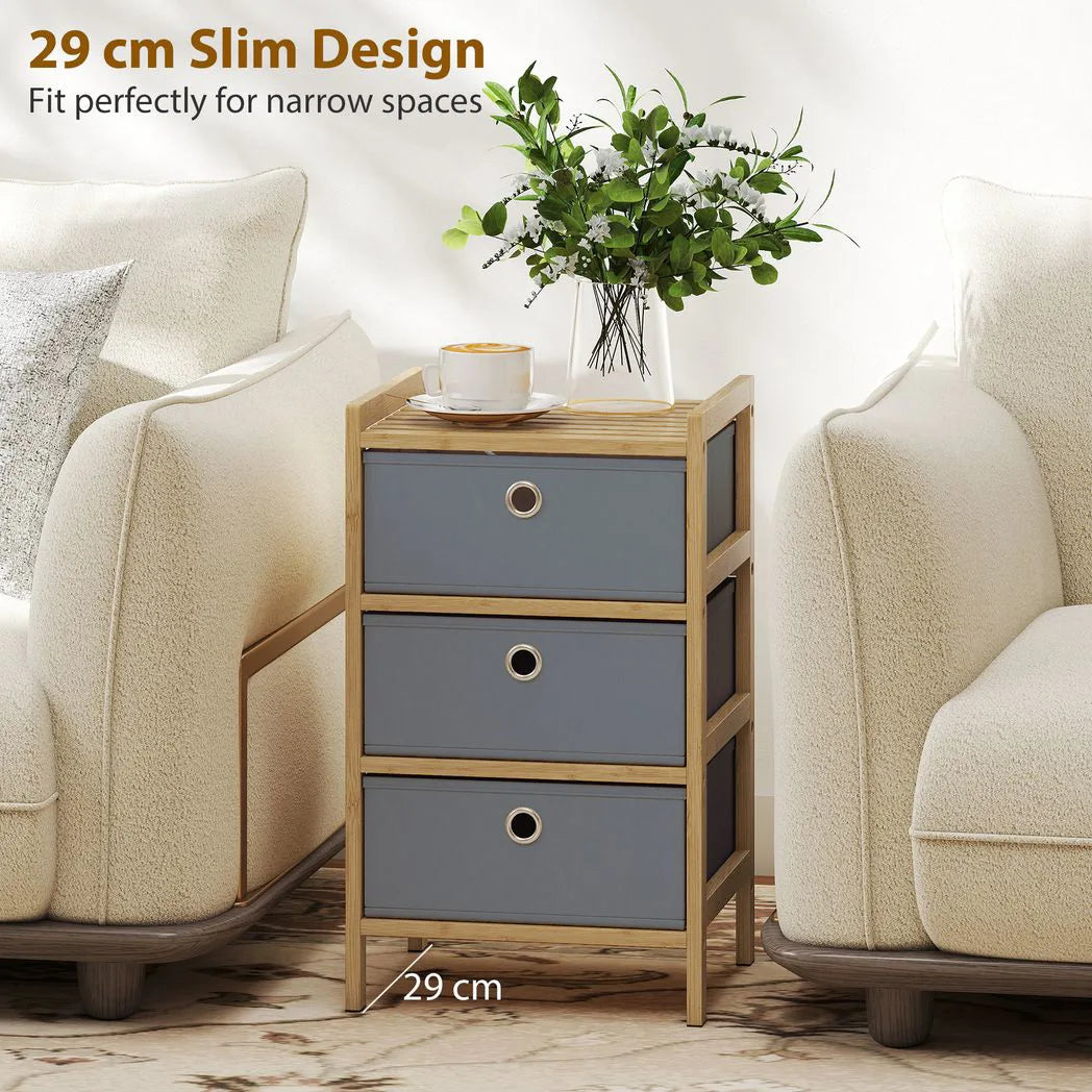 HOMCOM Narrow Chest of Drawers with 3 Fabric Drawers and Bamboo Frame – Slim Bedroom Dresser, Light Grey