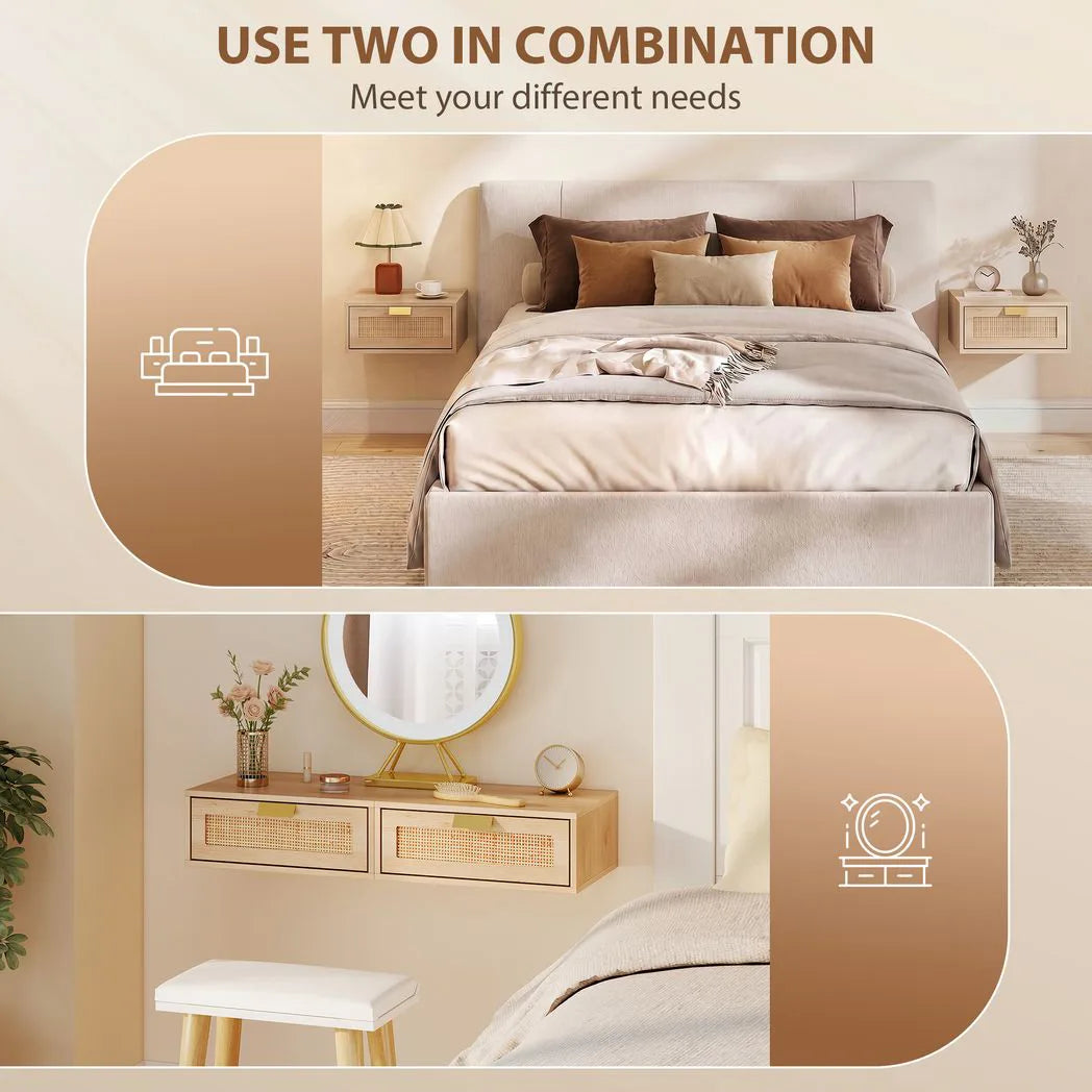 HOMCOM Set of 2 Floating Bedside Tables with Rattan Drawers – Wall Mounted Bedside Cabinets, Oak Wood Effect