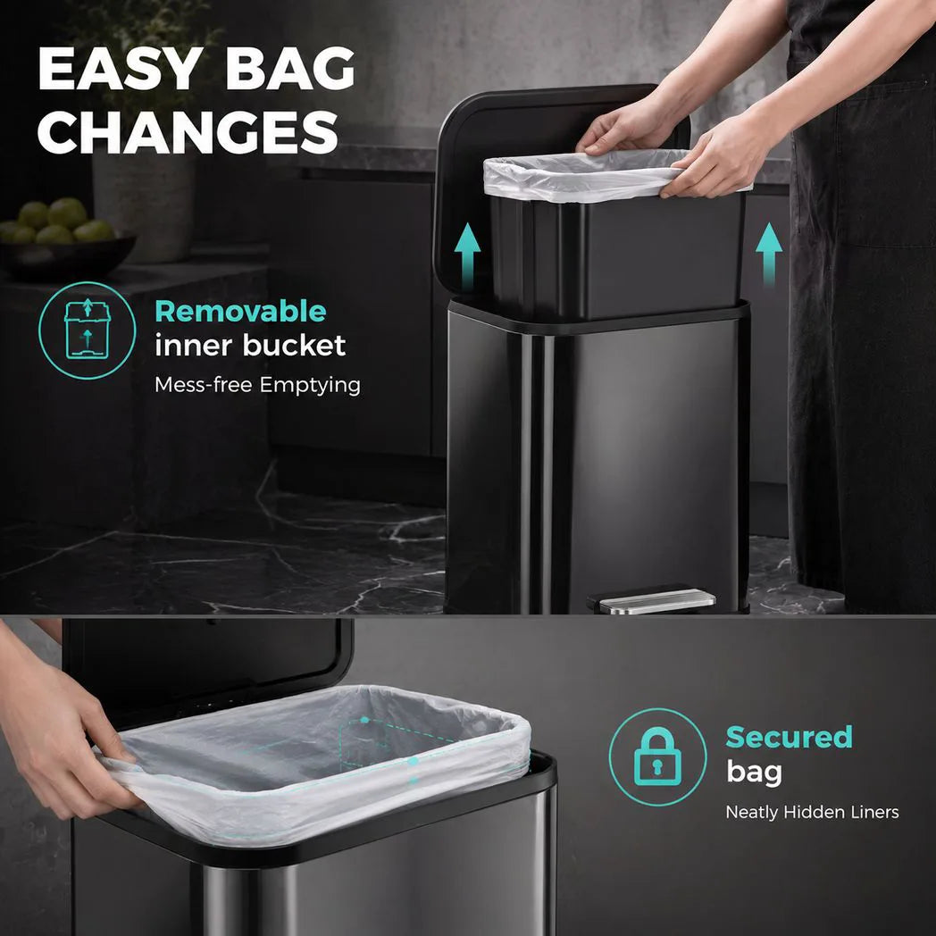 HOMCOM 50L Kitchen Bin with Soft Close Stay-Open Lid & Removable Inner Bucket – Metal Pedal Rubbish Bin, Black