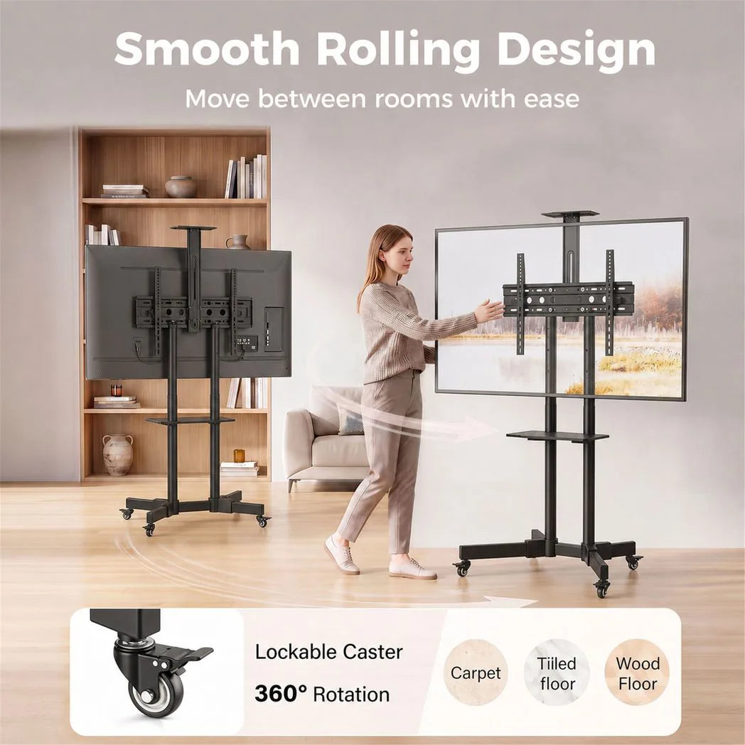 HOMCOM Mobile TV Stand on Wheels for 32–75 Inch Screens – Tilt, Height Adjustable Rolling TV Cart, Black