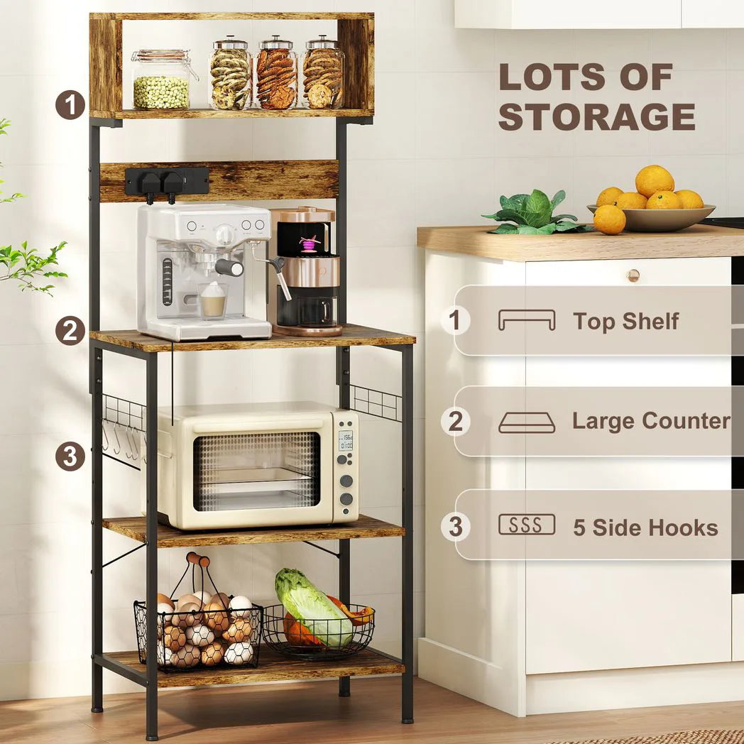 HOMCOM Kitchen Storage Rack with Power Outlets, USB Chargers and Hooks – Bakers Rack, Coffee Station, Rustic Brown