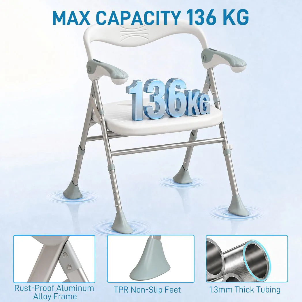 HOMCOM Foldable Shower Chair with Flip-Up Armrests, Adjustable Height & Non-Slip Feet, 136 kg