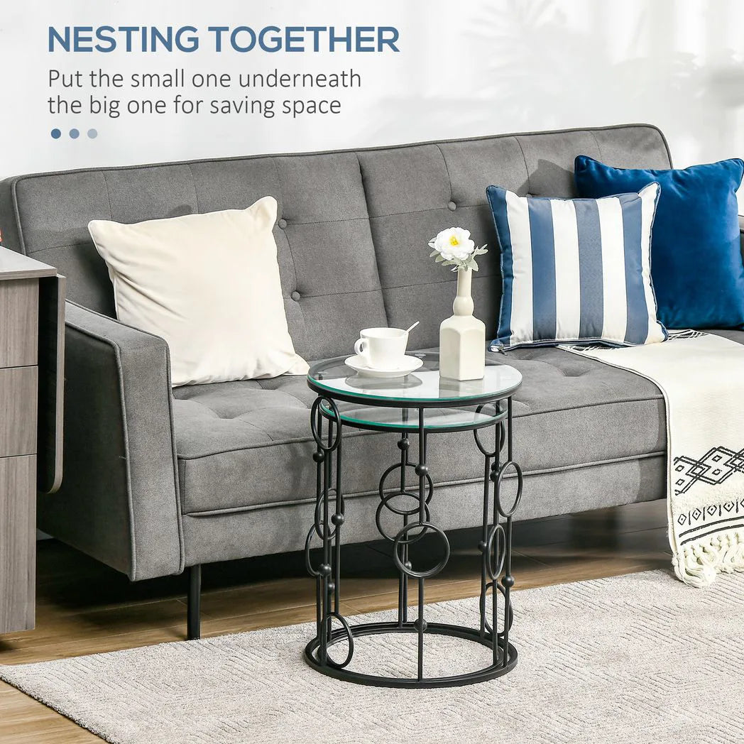HOMCOM Nesting Round Coffee Table Set of 2 with Glass Tops – Space-Saving Side Tables, Black