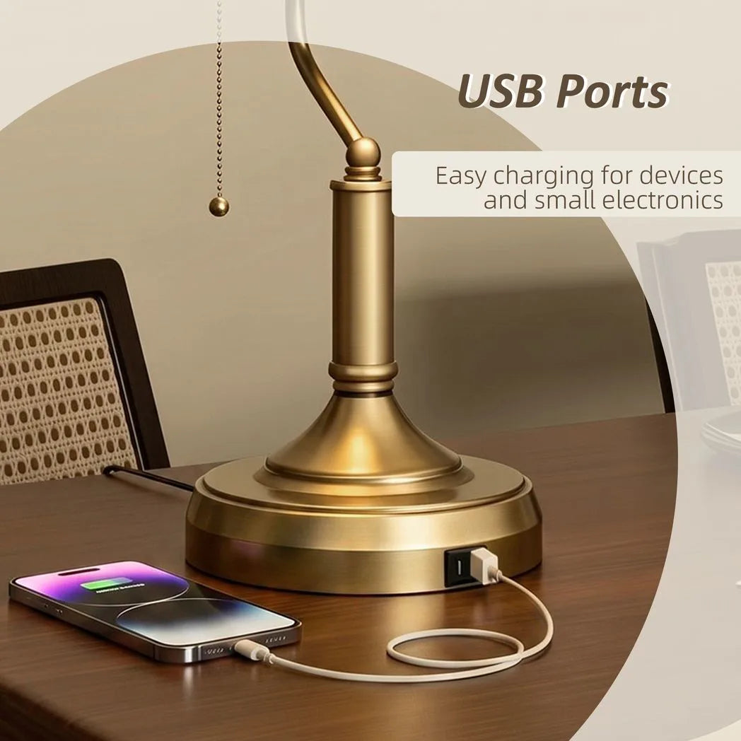 HOMCOM Banker's Desk Lamp with USB-A and Type-C Ports, Pull Rope Switch – Bronze-Tone Base, Green Shade