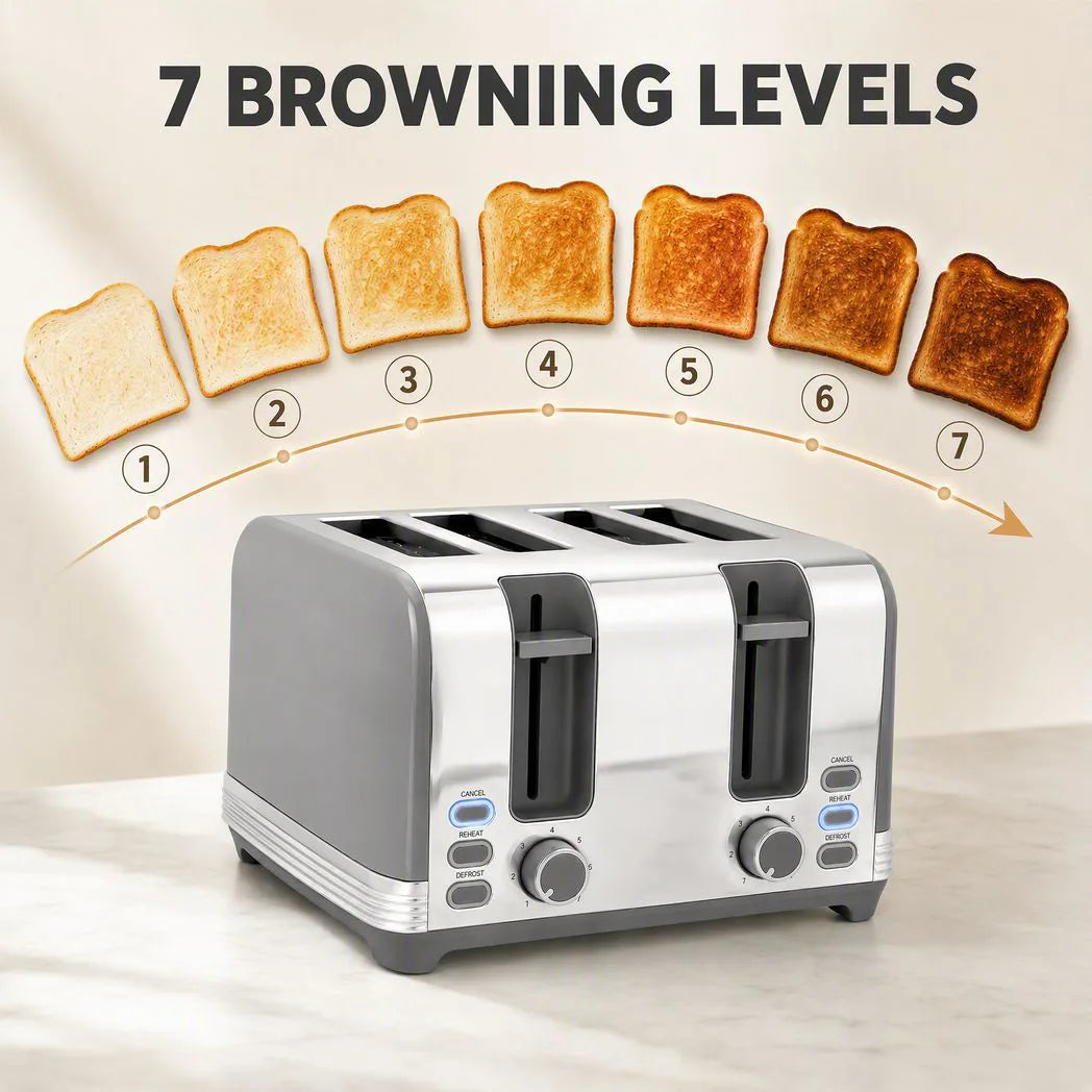 HOMCOM 1.7L 3000W Stainless Steel Kettle and 4-Slice Toaster Set with 7 Browning Levels – Cordless Fast Boil, Grey