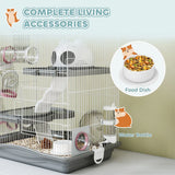 PawHut 3-Tier Hamster Cage with Exercise Wheel, Tunnels and Water Bottle – Habitat for Dwarf Hamsters, Grey