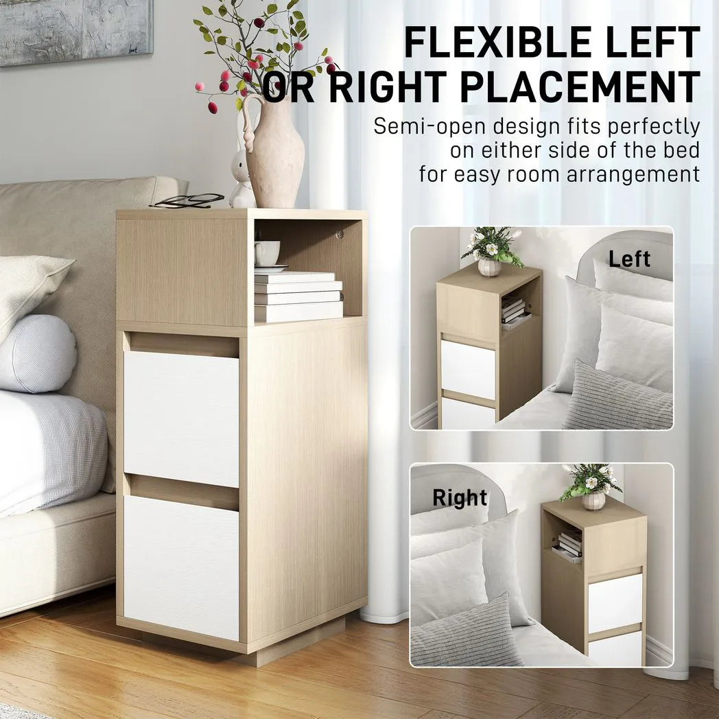 HOMCOM Slim Bedside Table with Open Shelf and 2 Drawers – Narrow Cabinet for Small Bedrooms, Natural Wood
