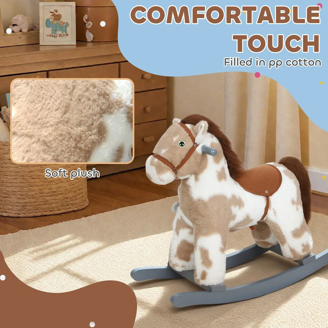 AIYAPLAY Baby Rocking Horse with Realistic Sounds & Bunny Toy – Plush Ride-On Animal Rocker for Ages 2-5, Brown