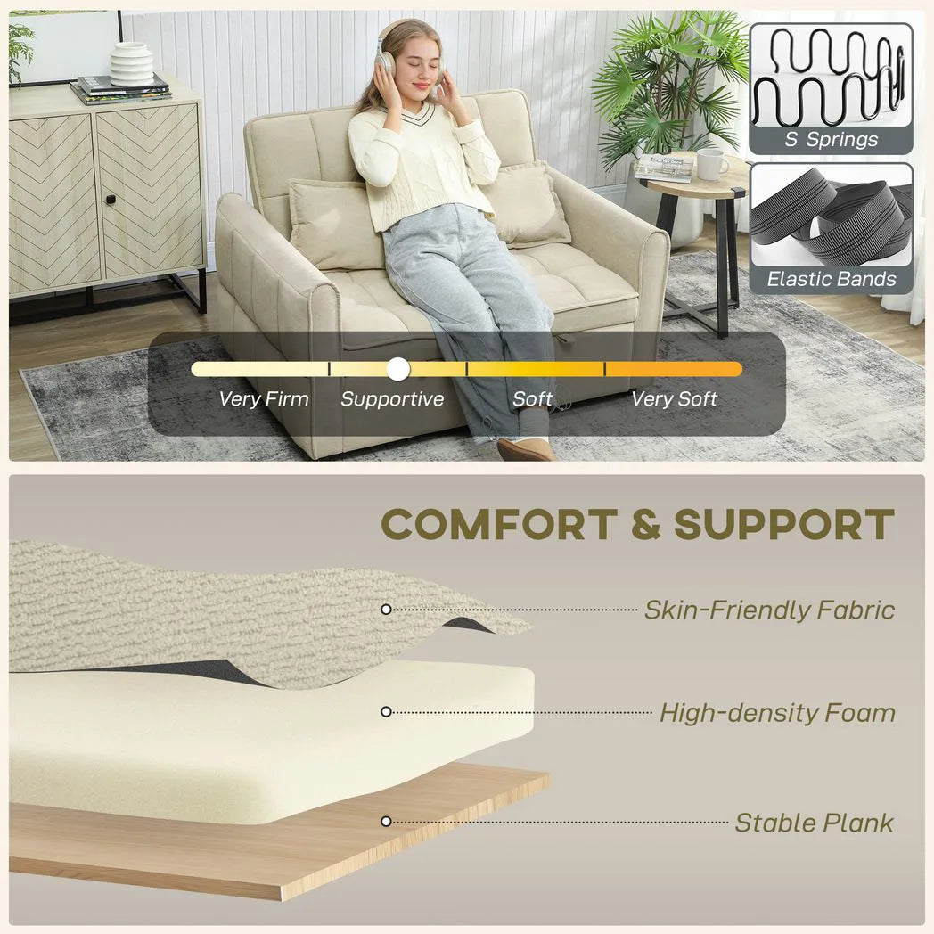 HOMCOM 2 Seater Sofa Bed with Click-Clack Backrest and 2 Pillows – 3-in-1 Convertible Sleeper Sofa, Light Brown