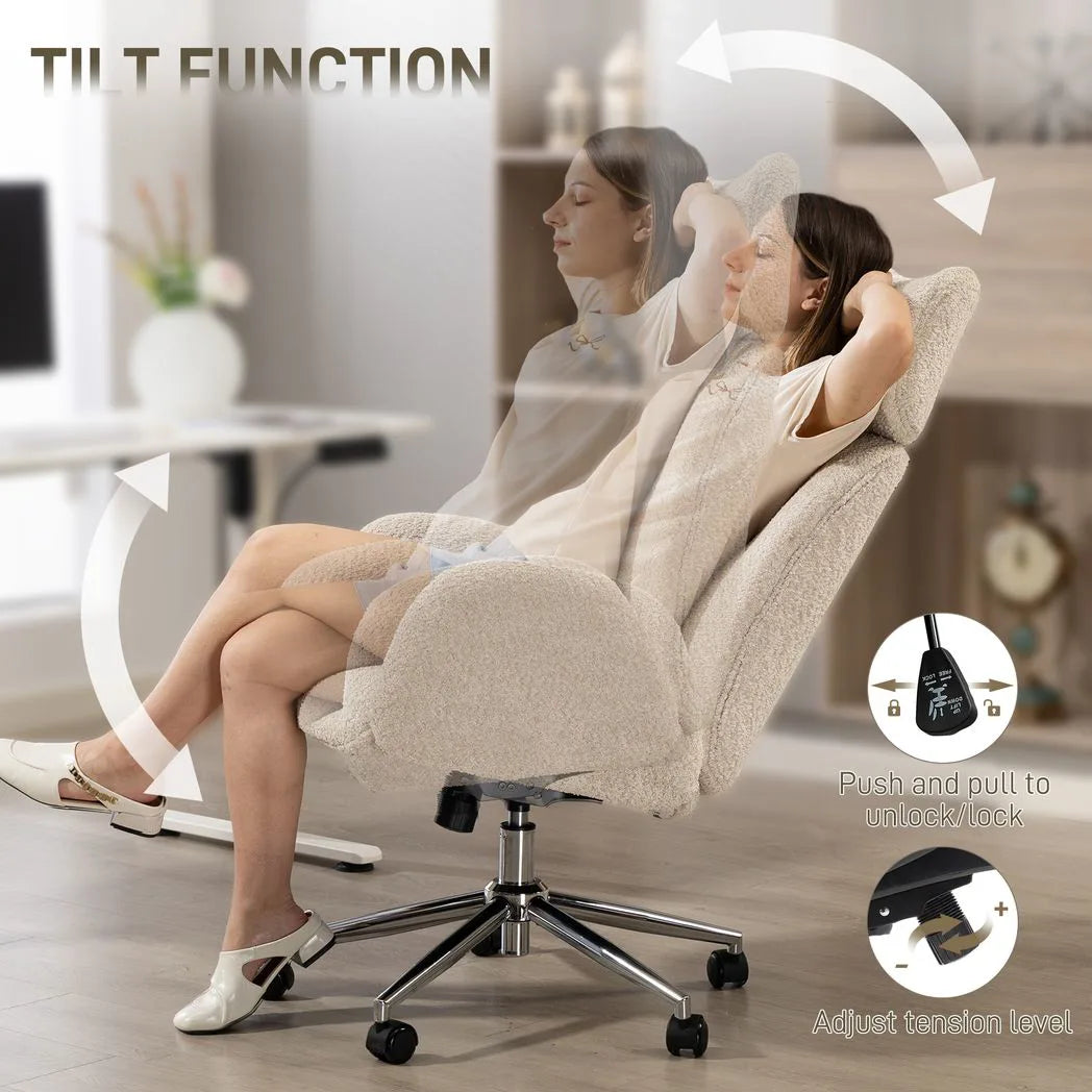 HOMCOM Boucle Office Chair with Adjustable Headrest and Spring Pack – Ergonomic High Back Chair, Pale Grey