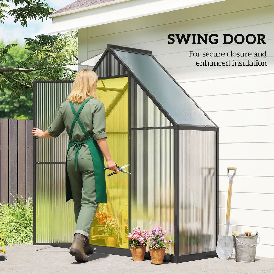 Outsunny 5.5 x 2ft Polycarbonate Walk-In Greenhouse with Push Door, Roof Vent & Rain Gutter – Quick Setup, Black