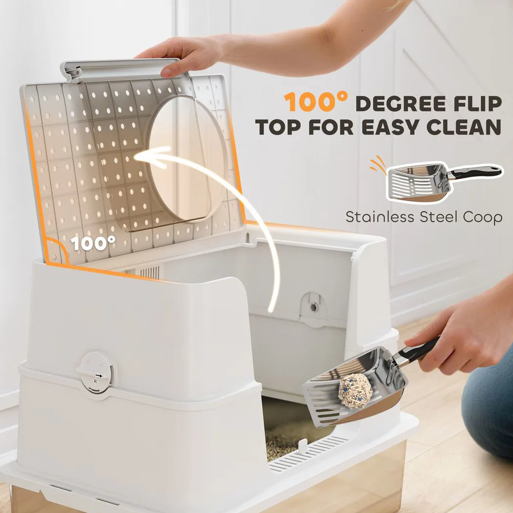 PawHut XL Stainless Steel Litter Box with 100° Flip Top, Scoop & Dual Entry – Odour-Free, Easy-Clean