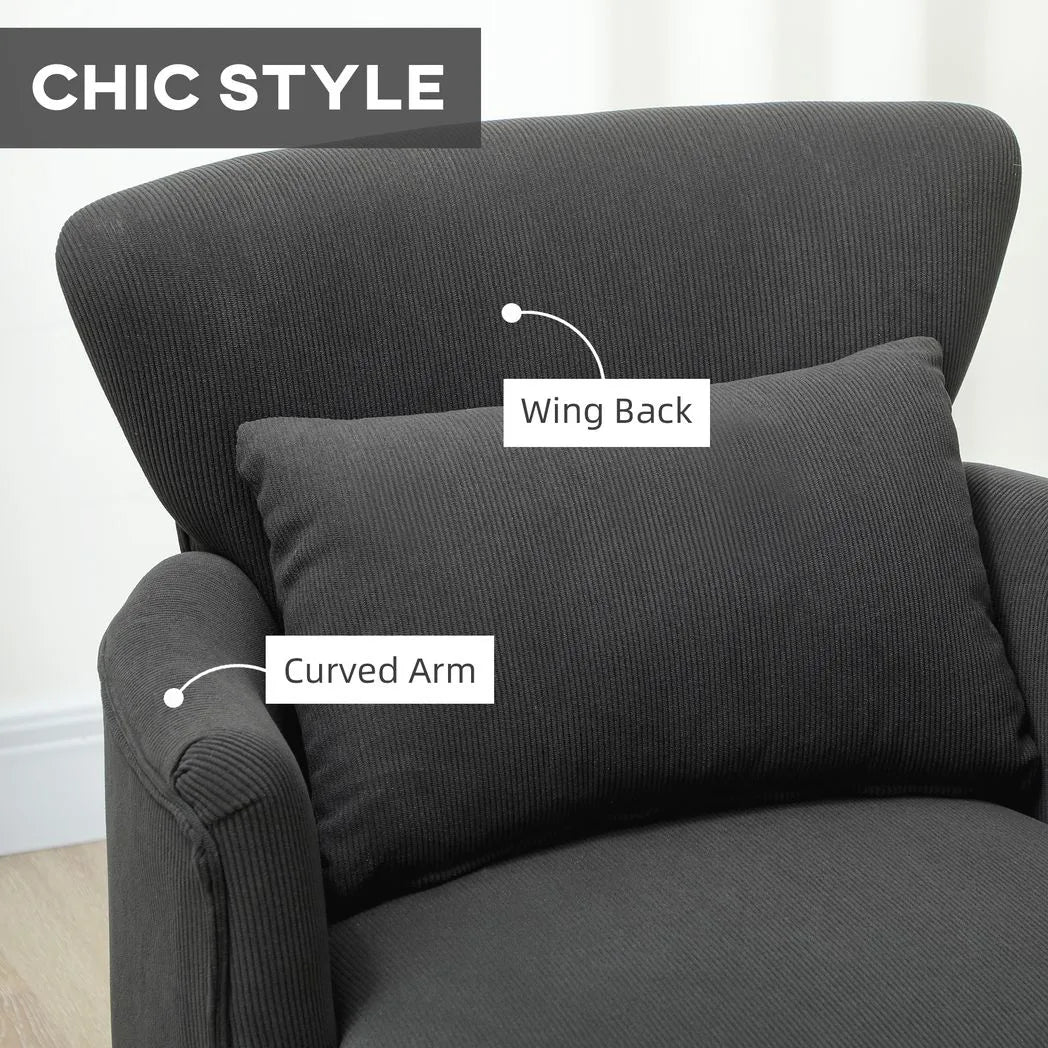HOMCOM Corduroy Retro Accent Chair with Wing Back, Wood Frame and Cushion – Curved Armchair for Living Room, Black