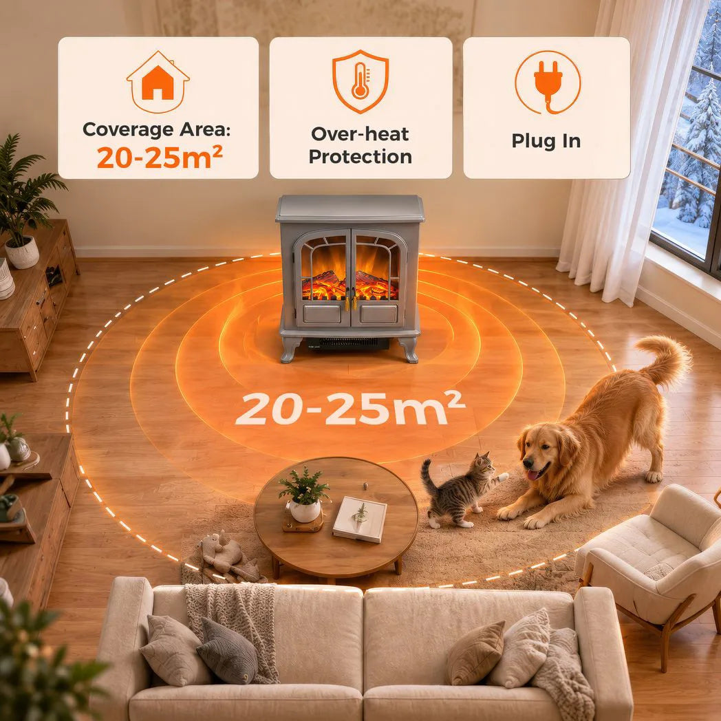 HOMCOM Freestanding Electric Fireplace Stove with LED Flame, 1000W/2000W Heater and Double Doors, Grey