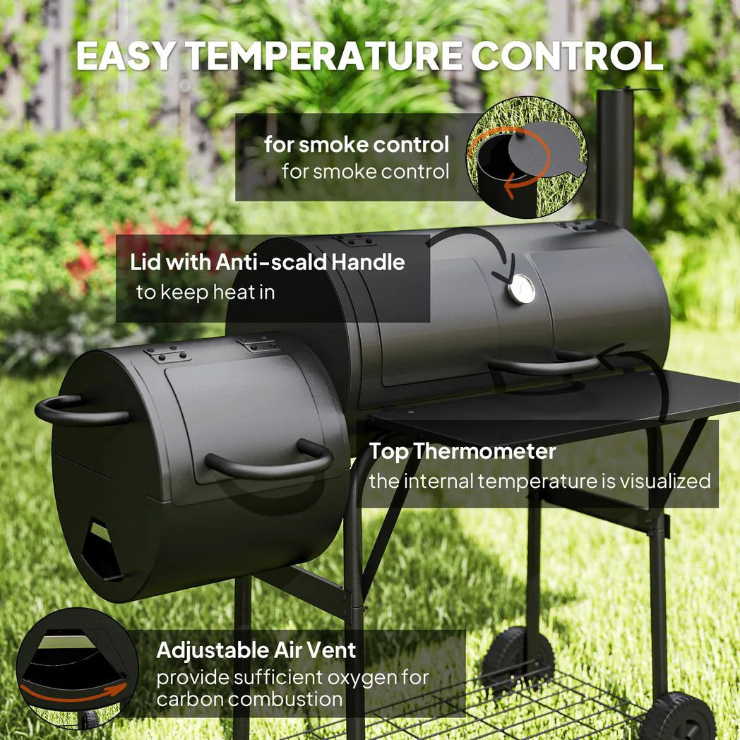 Outsunny Charcoal BBQ Grill with Offset Smoker, Thermometer Lid and Shelves – Garden Barbecue, Black