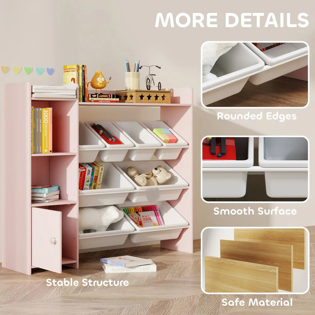 AIYAPLAY Kids Toy Storage Unit with 8 Removable Bins, Shelves & Cabinet – Pink