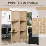 HOMCOM 4 Panel Folding Room Divider with 2 Shelves – Diamond Weave Privacy Screen, 160 x 170cm, Natural