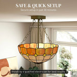 HOMCOM Tiffany Style Ceiling Light with 3 E27 Sockets – Vintage Stained Glass Semi Flush Chandelier