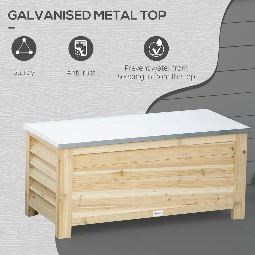Outsunny 155L Outdoor Storage Box with Galvanised Metal Top and Shutter Walls – Wooden Garden Tool Organiser
