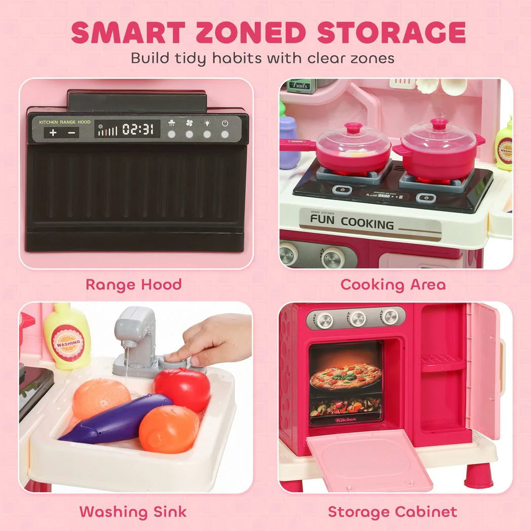 AIYAPLAY 33-Piece Play Kitchen with Lights, Sounds, Storage and Circulating Water Sink – Ages 3-6, Pink
