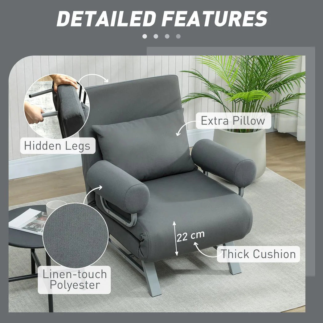 HOMCOM 3-in-1 Single Sofa Bed with Adjustable Backrest and Removable Armrests – Folding Chair Bed, Dark Grey