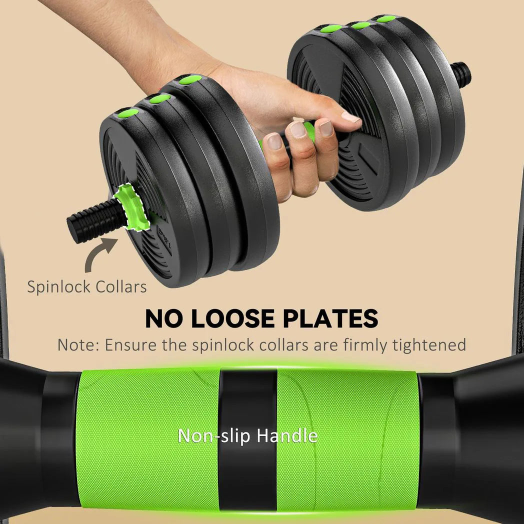 SPORTNOW 20 kg 3-in-1 Adjustable Dumbbell & Barbell Set with EZ Curl Bar – Home Gym Weights, Green