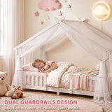 AIYAPLAY Wooden House Kids Single Bed with Dual Guardrails – Solid Pine, White, Fits 90 x 200 cm Mattress