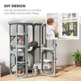 PawHut Outdoor Catio Cat Enclosure with Platforms, Condo and Waterproof Cover – Wooden, Grey
