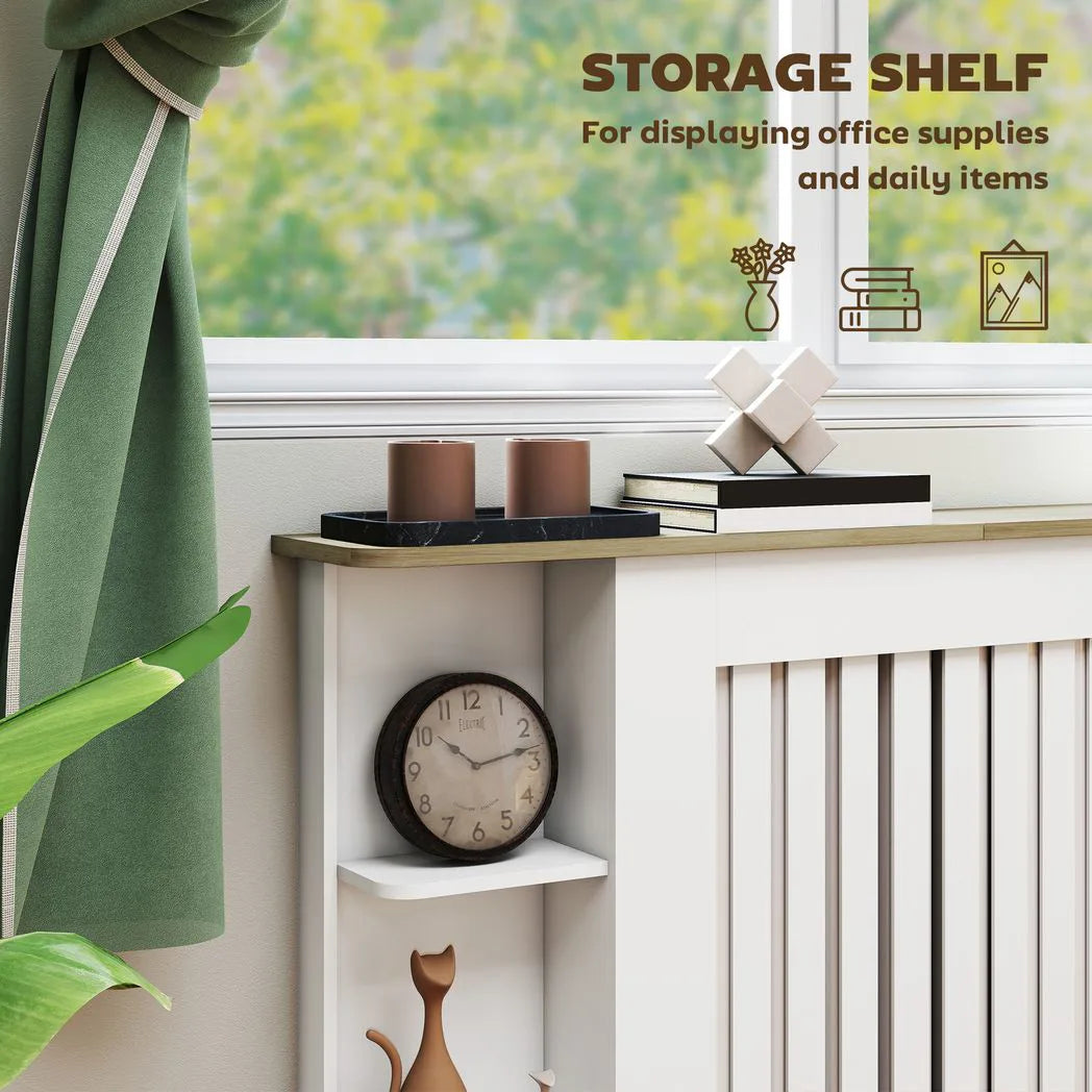 HOMCOM Radiator Cover with Open Storage Shelves and Vertical Slats – Heater Cabinet for Living Room & Hallway, White