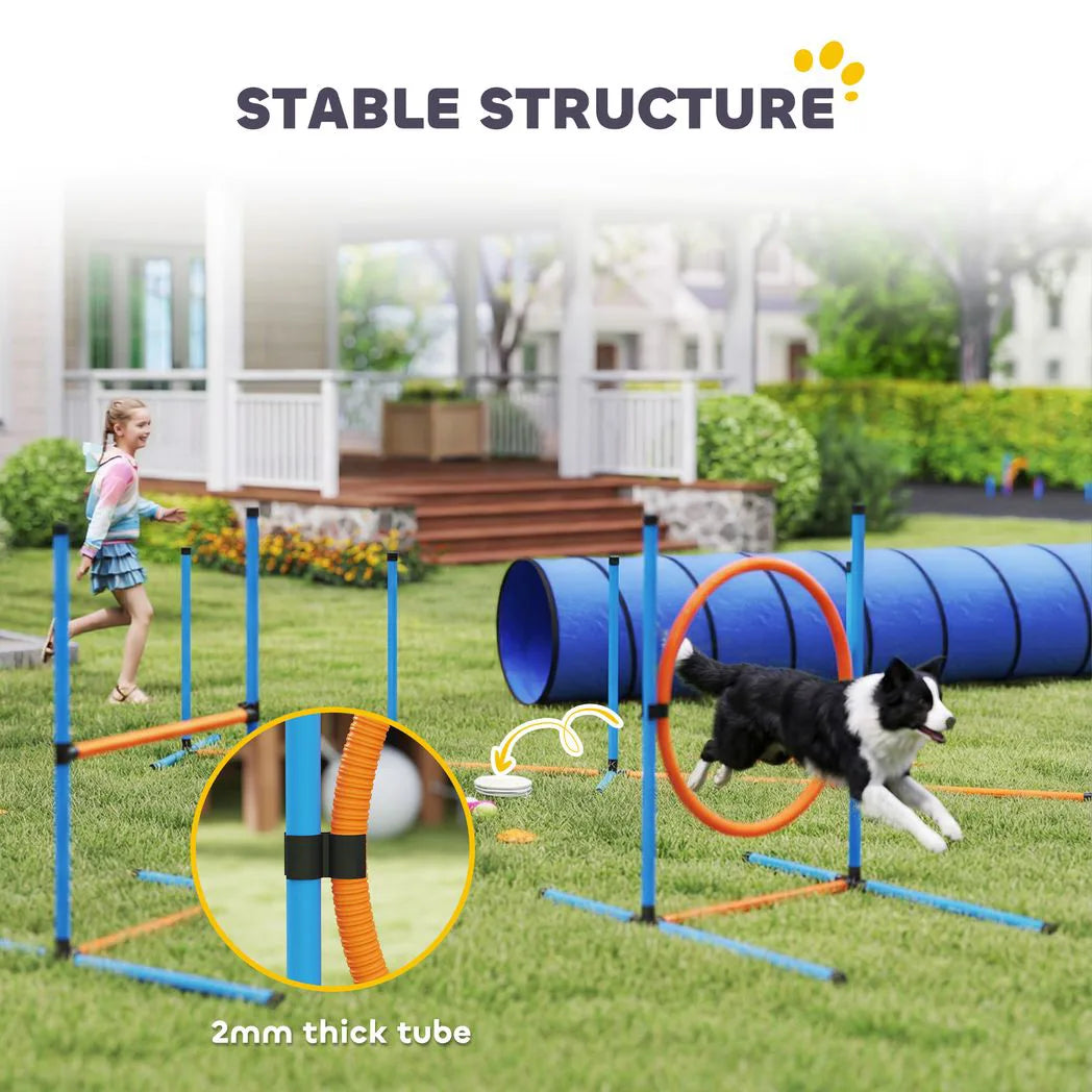 PawHut 8-Piece Dog Agility Training Set with Tunnel, Weave Poles, Adjustable Hurdles and Jump Ring