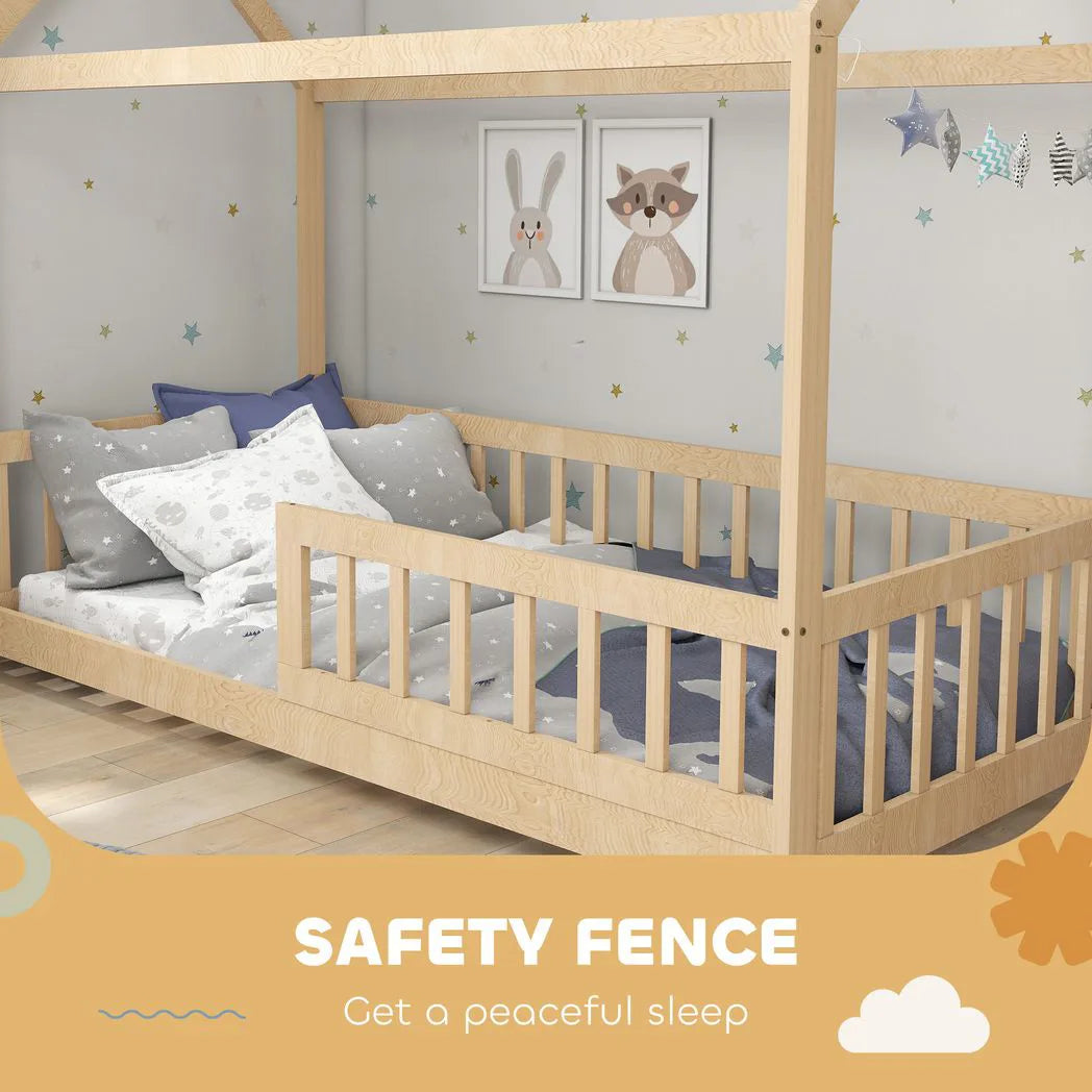 HOMCOM House-Shaped Kids Single Bed Frame with Guard Rails – Solid Pine, Natural Wood