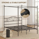HOMCOM Double Four-Poster Metal Bed Frame with Headboard, Footboard & Underbed Storage – Canopy Bed, Black