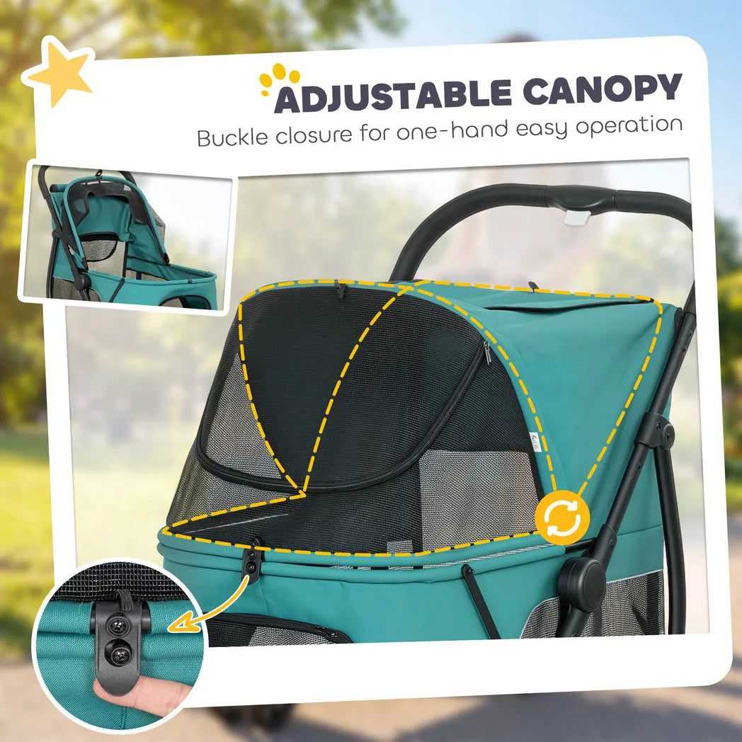 PawHut 3-Wheel Dog Stroller with Dual Entry, One-Click Fold, Mesh Windows – Pet Pram for Dogs up to 20kg