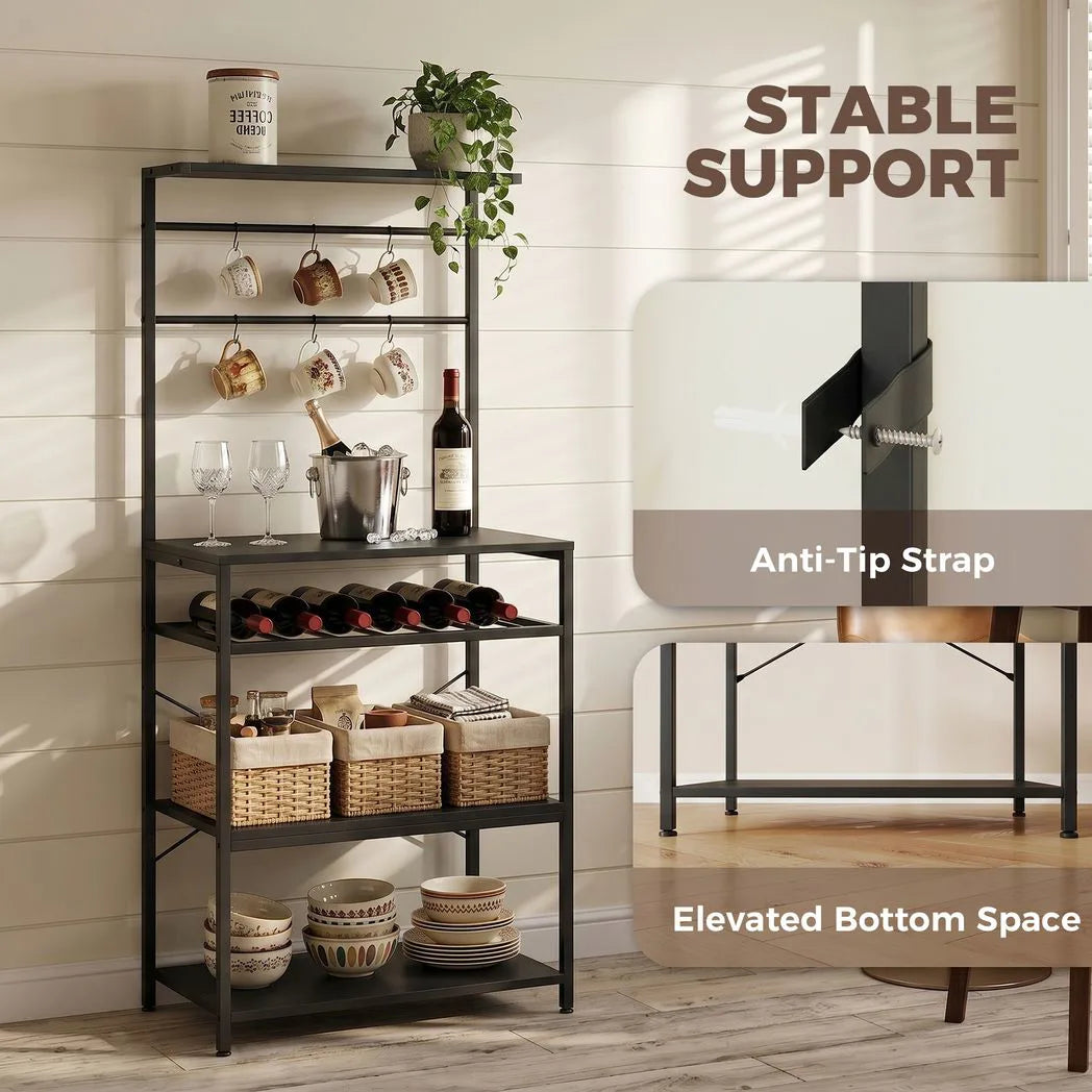 HOMCOM Freestanding Industrial Shelving Unit with 6 Hooks and Wine Rack – Living Room, Home Office Storage, Black