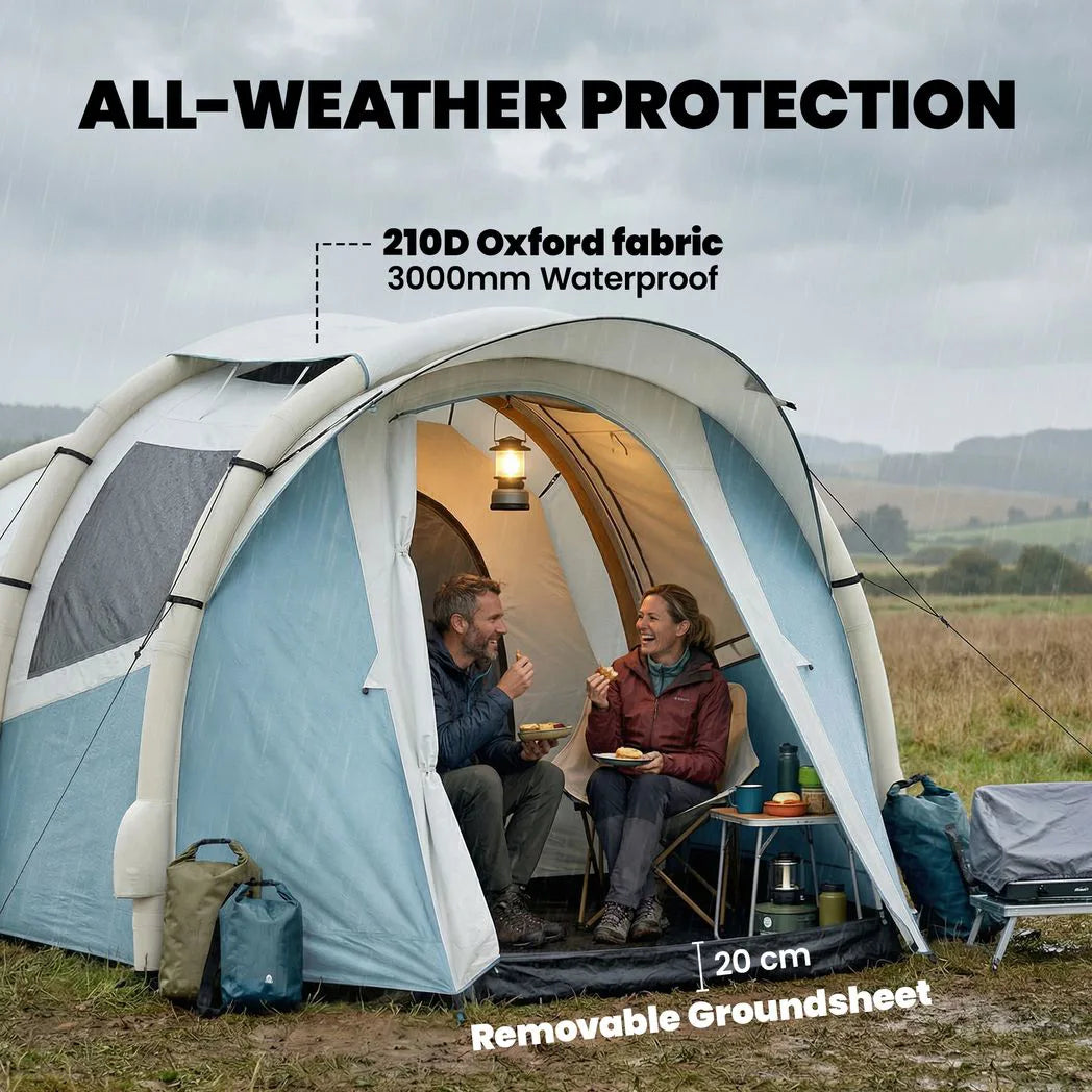 Outsunny Inflatable Camping Tent with Air Pump & 2 Rooms – Easy Setup 2–3 Person Blow Up Tent, Light Blue