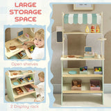 AIYAPLAY Wooden Toy Shop with Cash Register, Blackboard, Toy Food & 4 Storage Boxes – Market Stall, Green