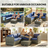 Outsunny 4 Piece Rattan Garden Corner Sofa Set with Glass-Top Coffee Table & Cushions, Blue