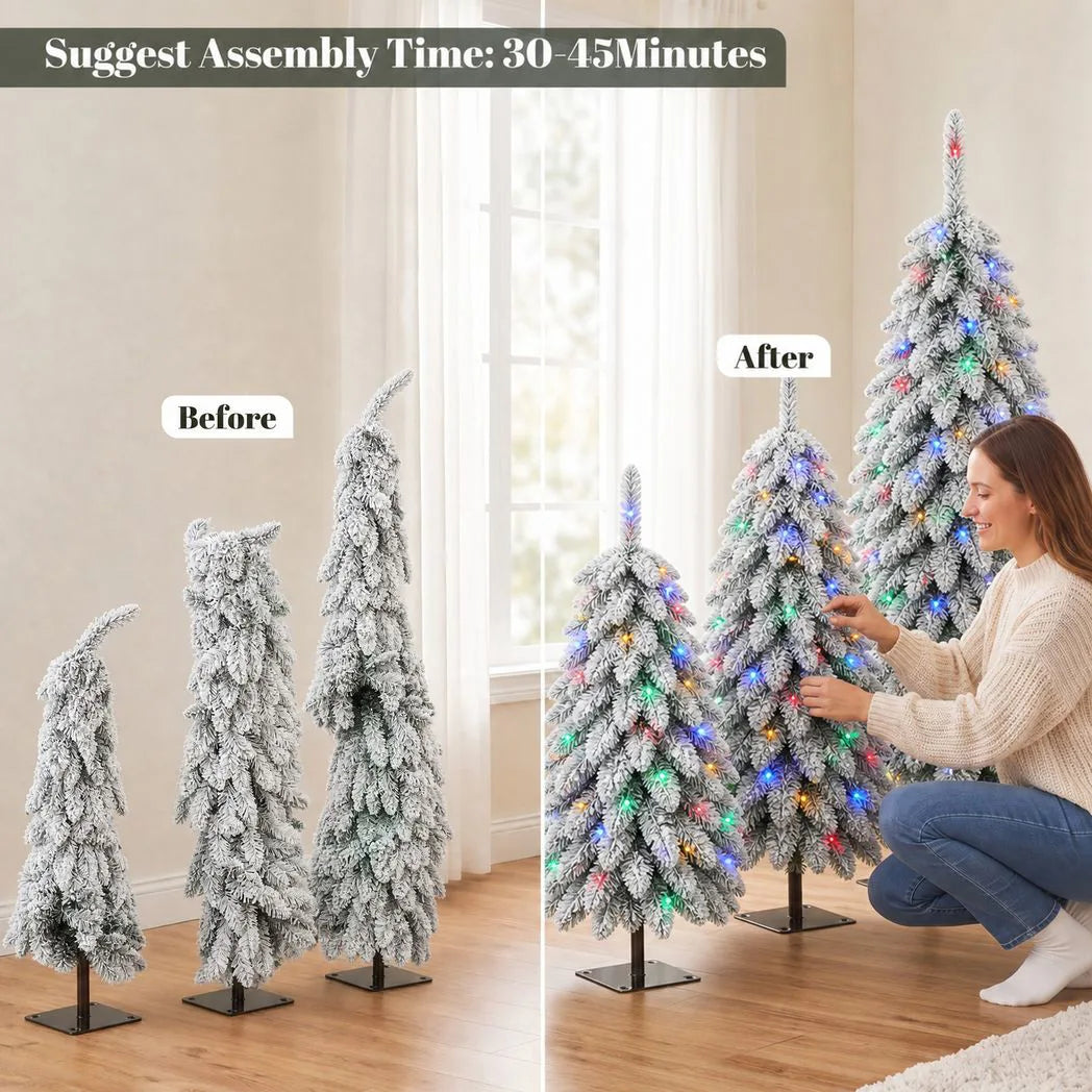 HOMCOM Set of 3 Snowy Pre-Lit Pencil Christmas Trees, 90, 120 and 150 cm, Multicolour Lights