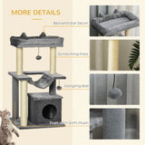 PawHut 90cm Cat Tree with Sisal Posts, Condo, Hammock & 2 Hanging Toys – Indoor Cat Tower, Grey