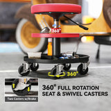 HOMCOM Rolling Mechanic Stool with 360° Swivel Wheels, Padded Seat and Tool Trays, 135kg – Garage Workshop Seat, Red