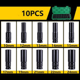 1/2" Drive Deep Impact Socket Set – 10 Long Reach Thin Wall Metric Sockets 10-24mm, Chrome Vanadium Steel, Black
