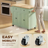 HOMCOM Rolling Kitchen Island with Rubberwood Top, Drawers & Cabinets – Dining Room Storage Trolley, Light Green