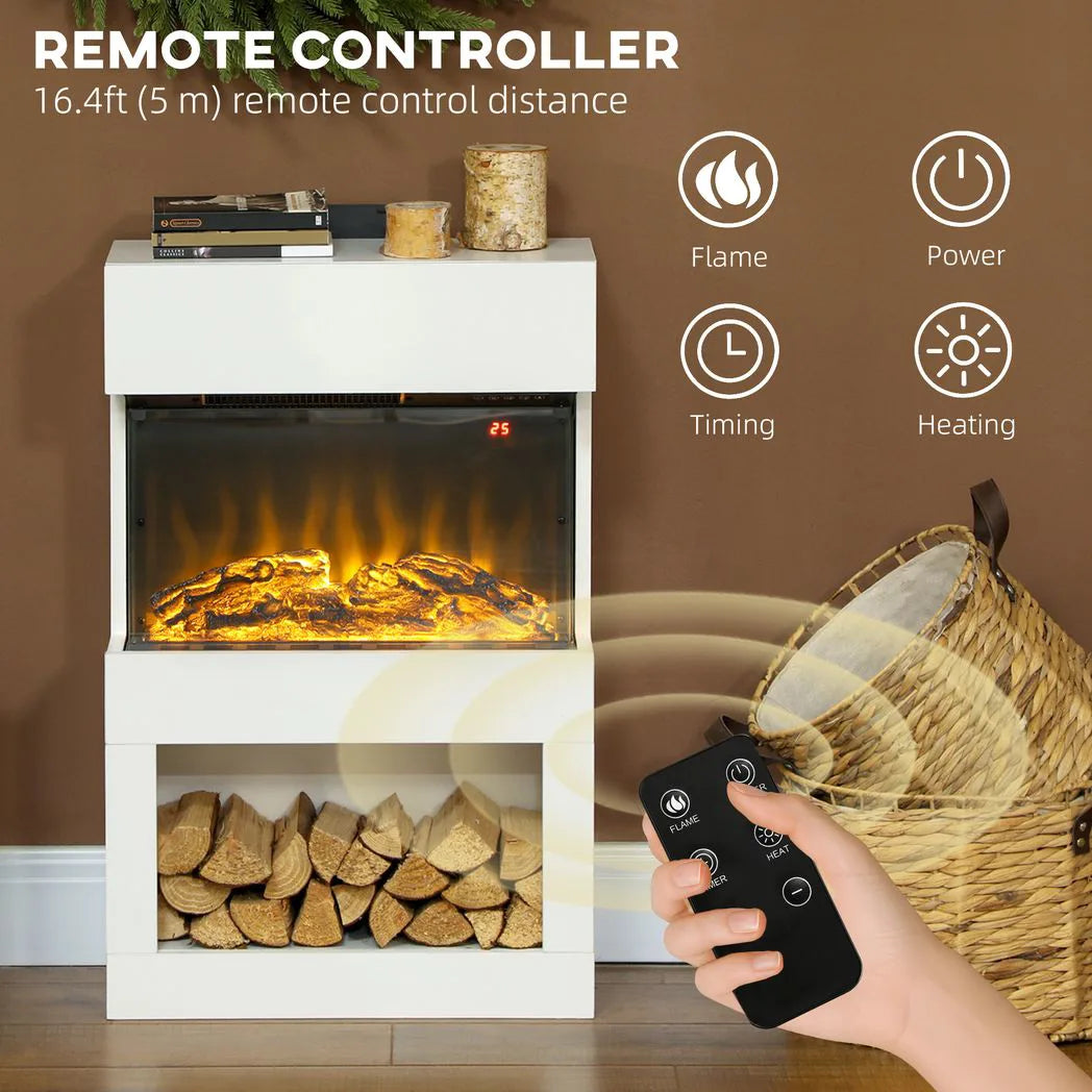 HOMCOM 19" Electric Fireplace with Mantel, 3D Flame Effect, Remote and Timer – 1000W/2000W, White