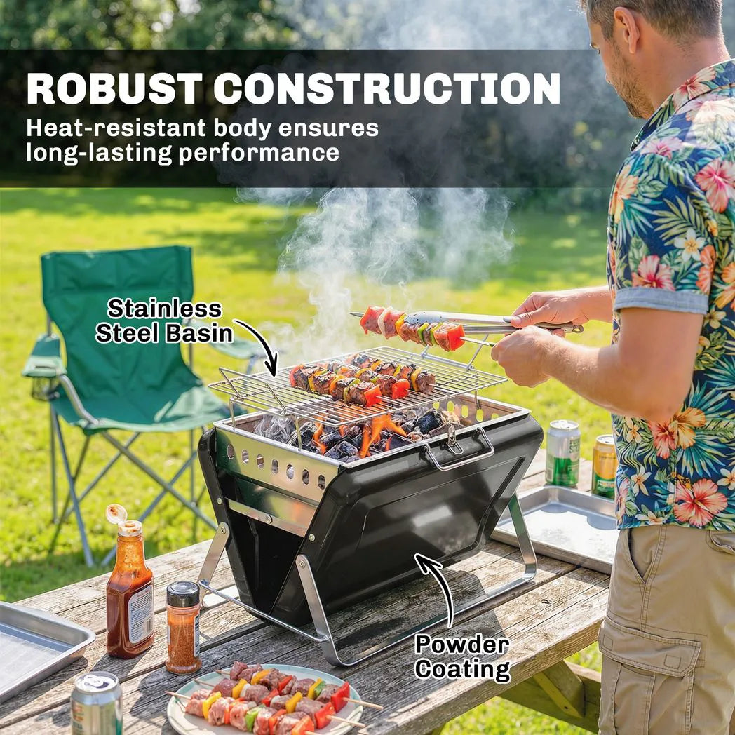 Outsunny Portable Briefcase Charcoal BBQ Grill – Folding Barbecue with Lift-Up Grate for Camping and Picnics, Black
