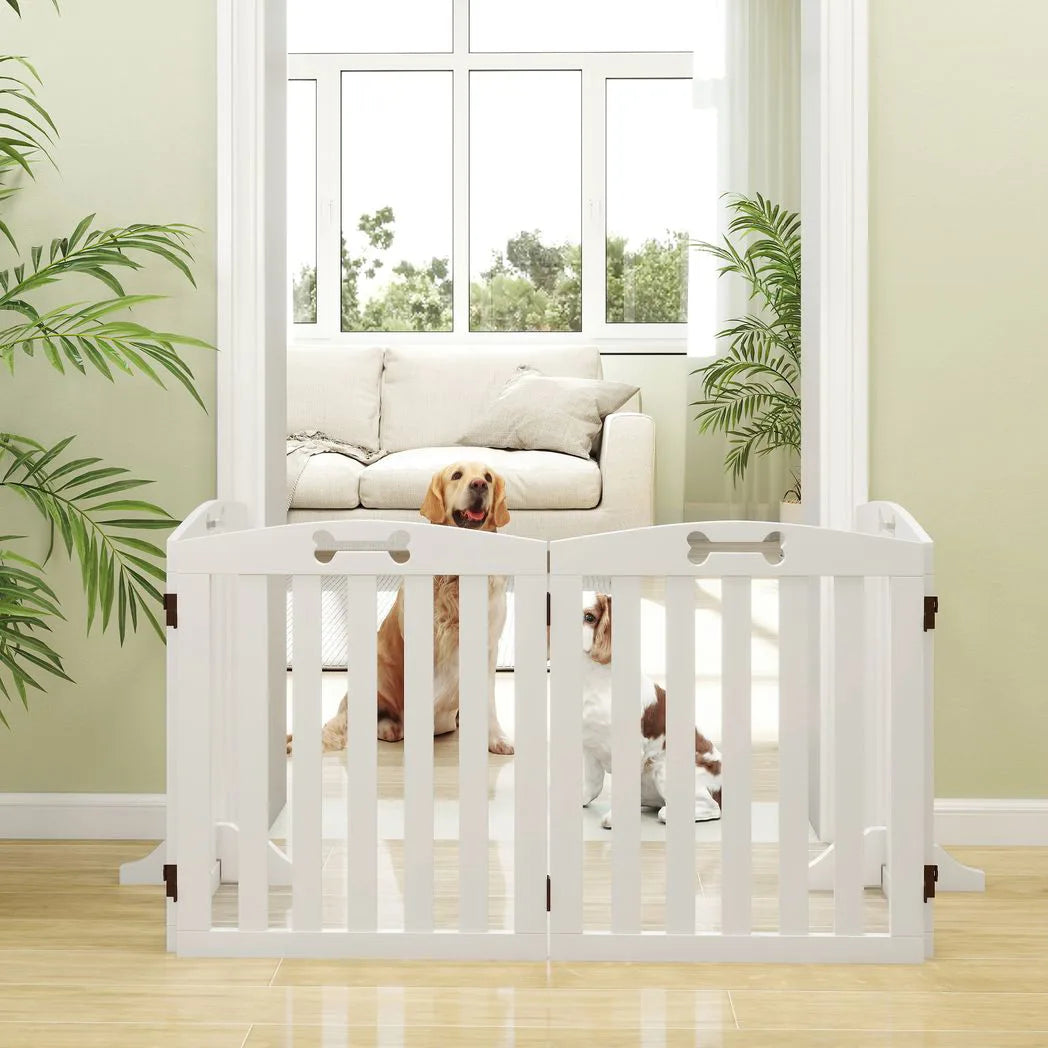 PawHut Wooden Freestanding Dog Gate, 4-Panel Foldable Pet Barrier for Doors and Stairs, 207.5cm, White