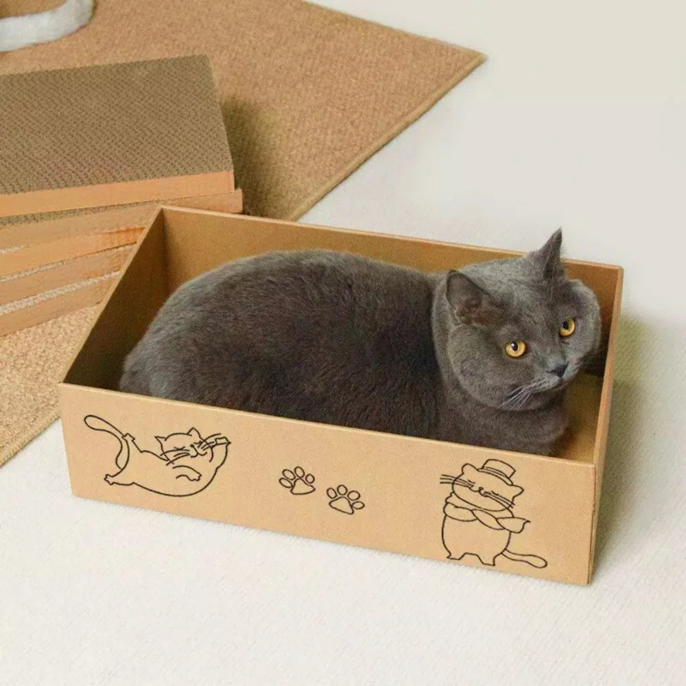 5-Pack Cat Box Scratcher with Storage Box – Heavy Duty Corrugated Cardboard Scratching Board and Bed